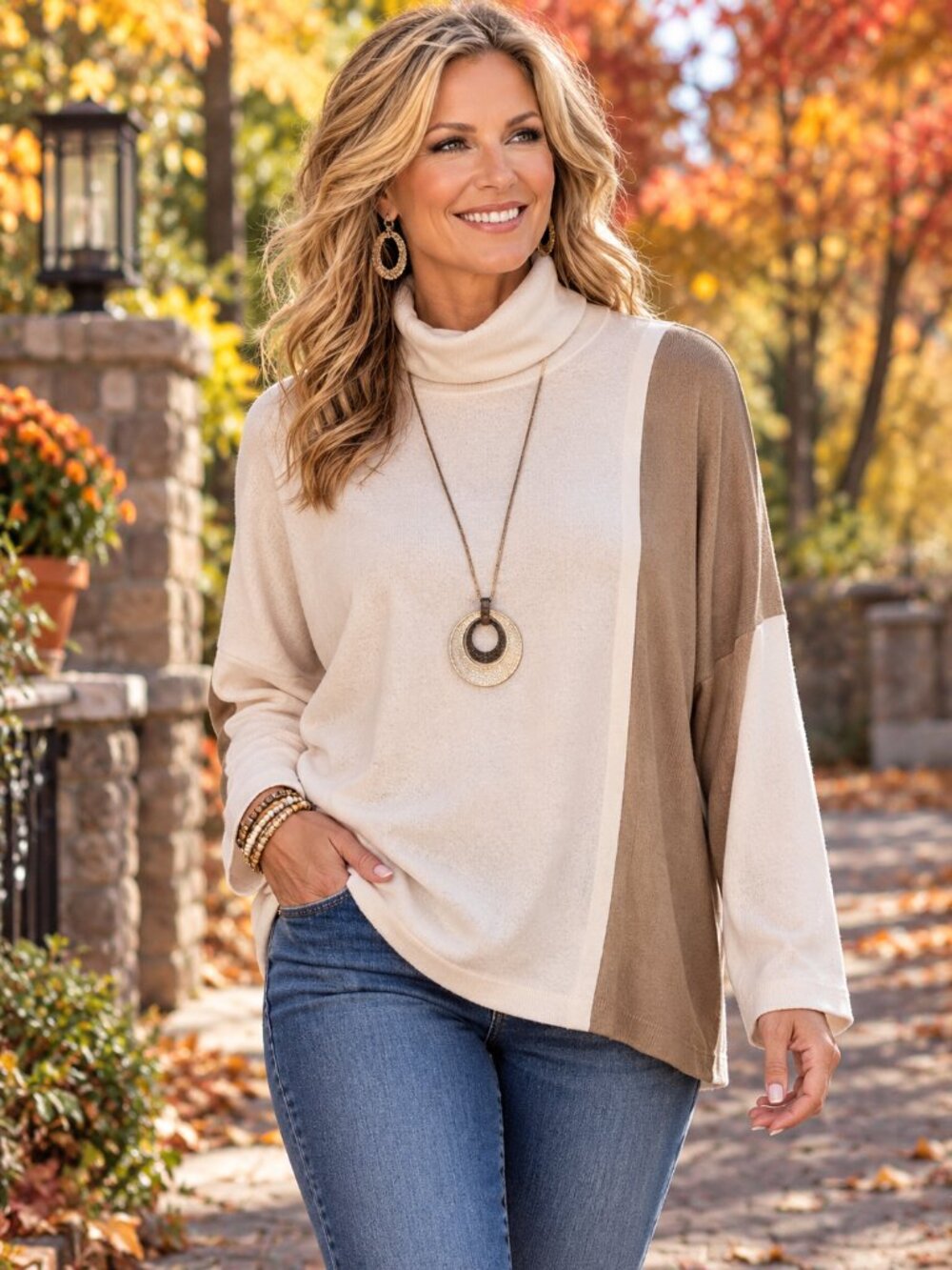 PEACE LOVE WORLD Sweater Turtleneck Crossover Front Layer Cream & Tan NWOT XL